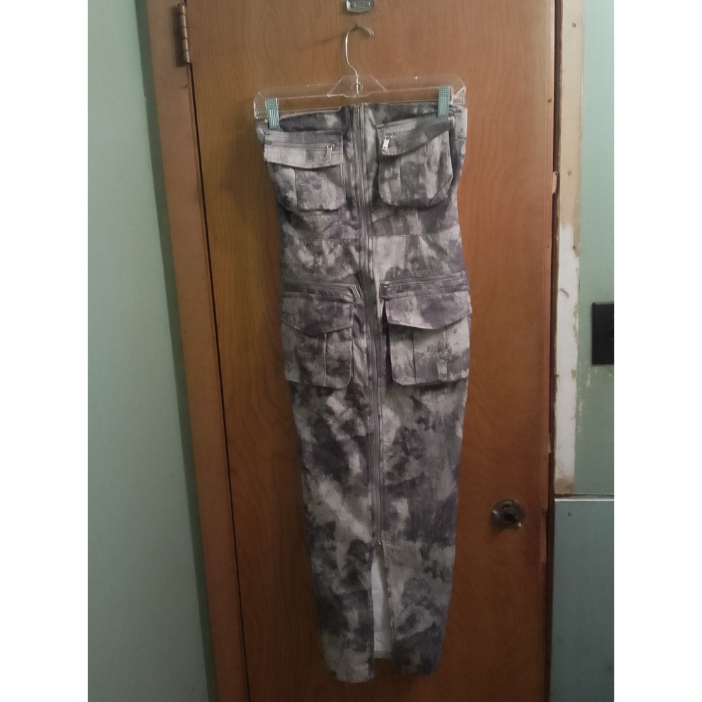 Woman's Zara Cargo Dress Printed Front Slit Midi Bloggers Favorite Strapless...